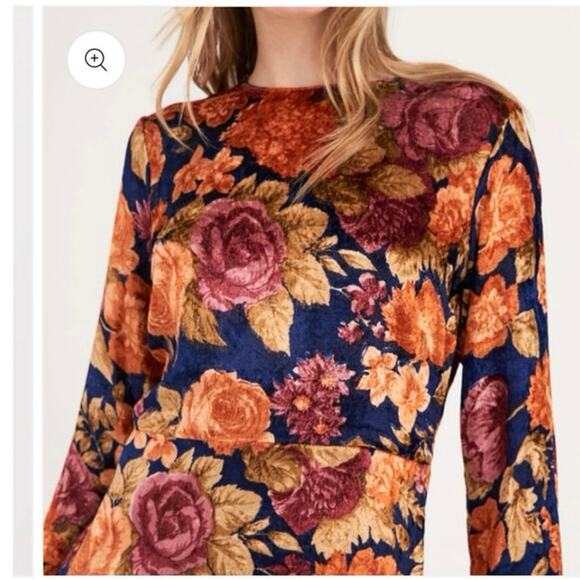 Antik Batik Blue Orange Floral Mini Dress Large Velour Long Sleeve - Picture 6 of 11